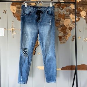 Drawstring Med Rise Skinny Denim Jean